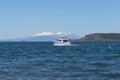Fishing boat at lake Taupo and snow capped volcanoes, New Zealand