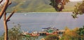 Fishing boat landing On the blue sea with beautiful mountain and scenery