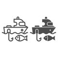 Fishing boat line and glyph icon. Sailboat and fish vector illustration isolated on white. Fishing yacht outline style