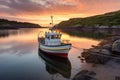 a fishing boat moored in a cove at sunset Royalty Free Stock Photo