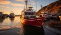 Fishing boat moored at tranquil dock, sunset reflects on water generated by AI Royalty Free Stock Photo