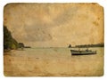 Fishing boat near the shore. Old postcard Royalty Free Stock Photo