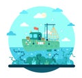 Fishing boat with net full of fish in the sea - vector cartoon illustration in flat stile Royalty Free Stock Photo