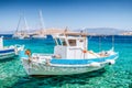 Fishing boat in port in island Halki Chalki in Greece Royalty Free Stock Photo