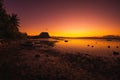 Fishing boat, quiet ocean and sunset. Le Morn brabant mountain in Mauritius Royalty Free Stock Photo