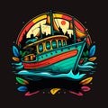 Fishing boat for recreational fishing. Rent a motor boat. Cartoon vector illustration. label, sticker