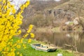 A fishing boat on the river shore surrounded by trees whiteout leaves spring day Royalty Free Stock Photo