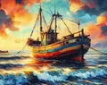 fishing boat on rough sea at sunset, oil painting on canvas Royalty Free Stock Photo