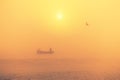 Fishing boat sailing in the sea during golden foggy morning. Beautiful ocean sunrise Royalty Free Stock Photo