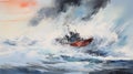 Dynamic Red Vessel In Bad Weather: Realistic Watercolor Painting
