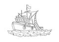 Fishing Boat In The Sea. Contour Vector Illustration For Coloring Book, Isolated On White.