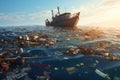 Fishing boat in the sea. Global warming concept. 3d rendering, Pile of garbage and waste in the sea. Pollution of environment