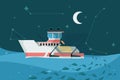 Fishing boat in sea. Marine sky night landscape ship ocean water surface sailing transport for fishing vector background Royalty Free Stock Photo