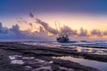 Fishing boat shipwreck or abandoned shipwreck. , Wrecked boat abandoned stand on beach in RHodes