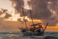 Fishing boat shipwreck or abandoned shipwreck. , Wrecked boat abandoned stand on beach in RHodes