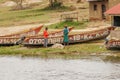 Fishing boat shown on the Kazinga channel shore. The Kazinga channel is the only source of transportation in this region of centra Royalty Free Stock Photo