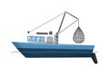 Fishing boat side view. Commercial fishing trawler for industrial seafood production. Marine ship, sea or ocean Royalty Free Stock Photo