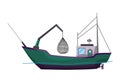 Fishing boat side view. Commercial fishing trawler for industrial seafood production. Marine ship, sea or ocean