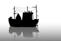 Fishing boat silhouette. Marine vessel. Black sea ship with crane and tackles. Commercial barge. Industrial nautical