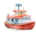 Fishing boat on the snow. Watercolor illustration on white background