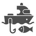 Fishing boat solid icon. Sailboat and fish vector illustration isolated on white. Fishing yacht glyph style design