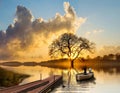 Fishing boat at sunset on a beautiful lake Royalty Free Stock Photo