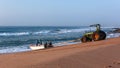 Fishing Boat Surf Entry Tractor Beach Ocean Royalty Free Stock Photo