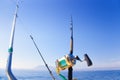 Fishing boat trolling with outrigger gear Royalty Free Stock Photo