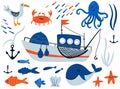 Fishing boat and underwater animals set. Cartoon hand drawn sail childish collection, water transport sailboat and fishes, octopus