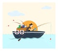 Fishing on the boat, vector illustration.