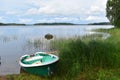 fishing boat on water. rural peaceful landscape. fisherman\'s boat on the lake Royalty Free Stock Photo