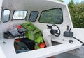 Fishing Boat white on a trailer on a concrete yard. fish Royalty Free Stock Photo