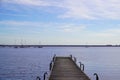 Fishing boat wooden pontoon in sunrise morning on Lake Hourtin in Gironde france Royalty Free Stock Photo