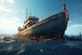 Fishing boat wreck in the sea with blue sky. 3d rendering, Wreck of a fishing boat in the sea. 3d render, AI Generated Royalty Free Stock Photo