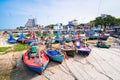 Fishing boats aground on the beach over cloudy sky at Prachuap K Royalty Free Stock Photo