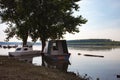 Fishing boats anchored on Danube river Royalty Free Stock Photo