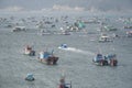 Fishing boats on sea moored in the distance are lobster-raising areas