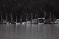 Fishing Boats Anchored at Rivers Shore Royalty Free Stock Photo