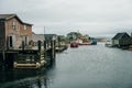 Fishing boats anchored and waiting in a secluded bay in Peggy's Cove, Nova Scotia, Canada - oct 2022 Royalty Free Stock Photo