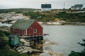 Fishing boats anchored and waiting in a secluded bay in Peggy's Cove, Nova Scotia, Canada - oct 2022 Royalty Free Stock Photo