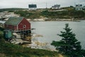 Fishing boats anchored and waiting in a secluded bay in Peggy's Cove, Nova Scotia, Canada - oct 2022 Royalty Free Stock Photo