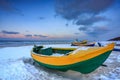 Fishing boats on the Baltic Sea beach in Jantar at winter. Poland Royalty Free Stock Photo