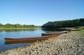 Fishing boats on the bank of the Ural river Vishera