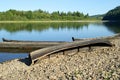 Fishing boats on the bank of the Ural river Vishera