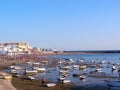 Fishing boats on the beach of La Caleta in the bay of the capital of Cadiz, Andalusia. Spain.