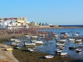 Fishing boats on the beach of La Caleta in the bay of the capital of Cadiz, Andalusia. Spain.