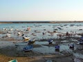 Fishing boats on the beach of La Caleta in the bay of the capital of Cadiz, Andalusia. Spain.