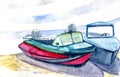 Fishing boats on the beach Mountain lake. Watercolor illustration. Royalty Free Stock Photo