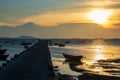 Fishing boats and bridge at sunset, Bang Phra beach, Chonburi Royalty Free Stock Photo