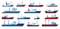 Fishing boats. Commercial fishing trawler yacht, fisherman ship, fisher boat. Flat marine fish catching vessels, sea Royalty Free Stock Photo